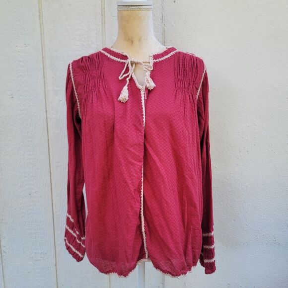 Sundance Embroidered Long Sleeve Top Wmns Sz S Burgundy Boho Western Artsy - Picture 1 of 6